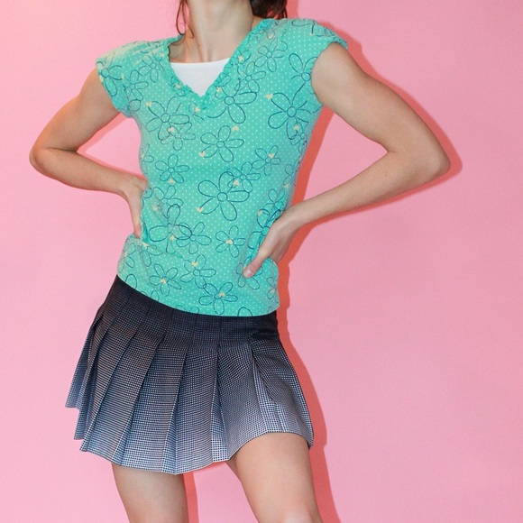 Y2k Limited Too Blue Daisy Print V-Neck Baby Tee - Picture 1 of 6